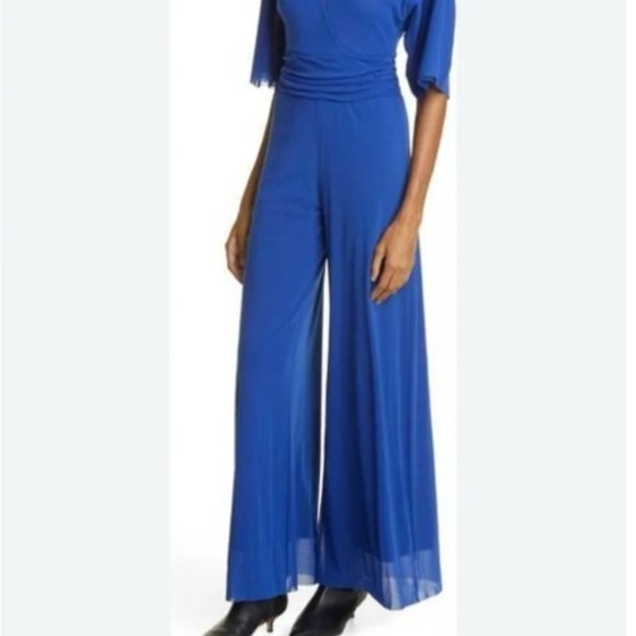 FUZZI SURPLICE WIDE LEG MESH CANARIE BLUE JUMPSUIT sz S - Picture 2 of 5